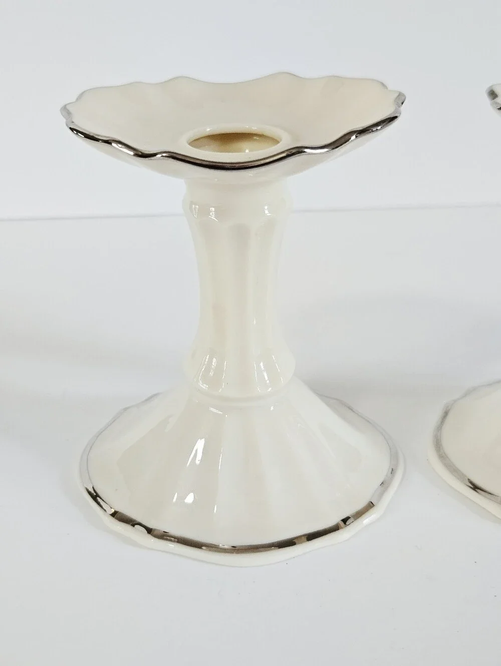 Lenox China Vintage Symphony Pattern Porcelain Candlesticks Ivory Platinum Trim
